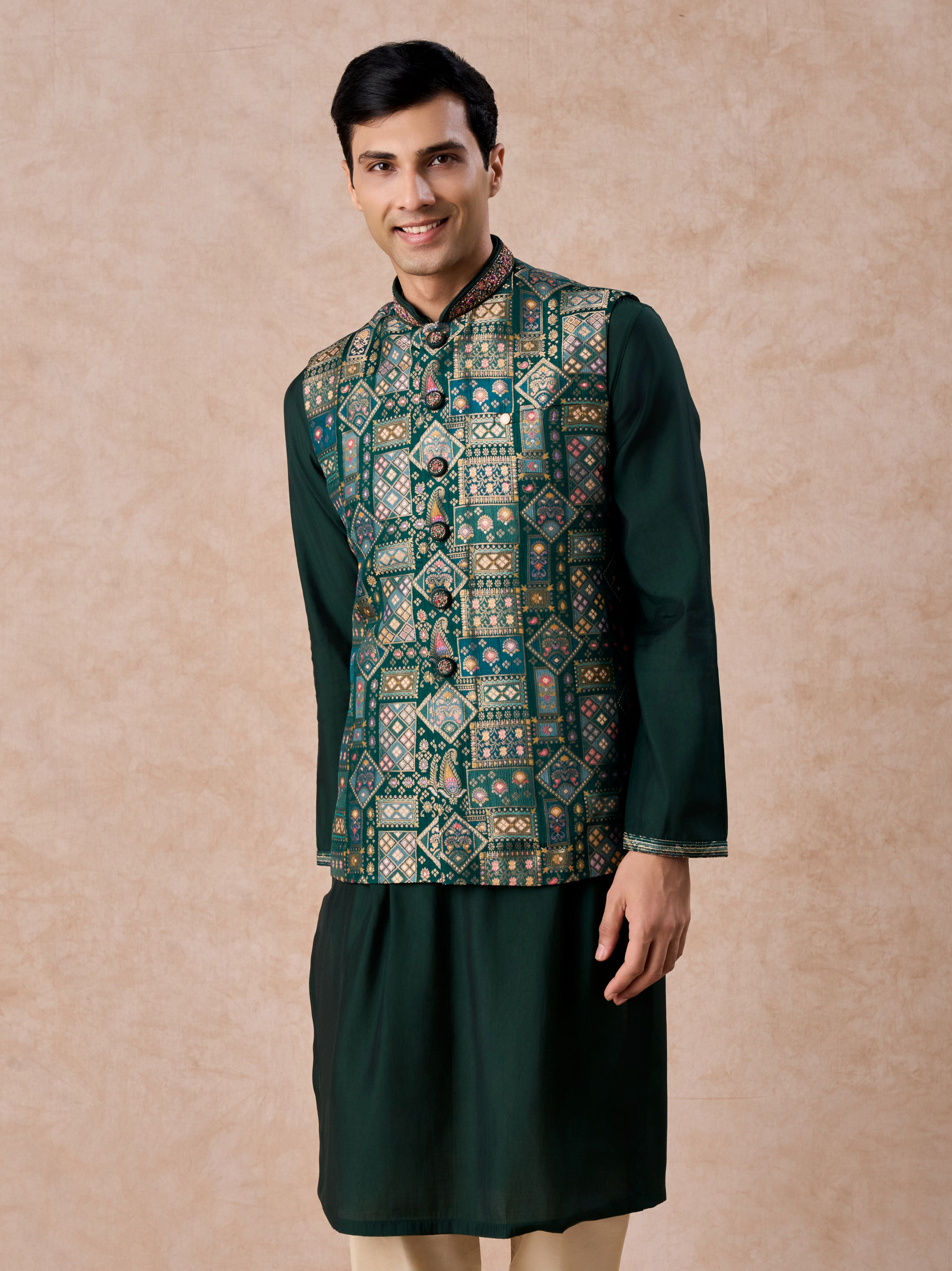 Manyavar Men Emerald Elegance Kurta Jacket Set