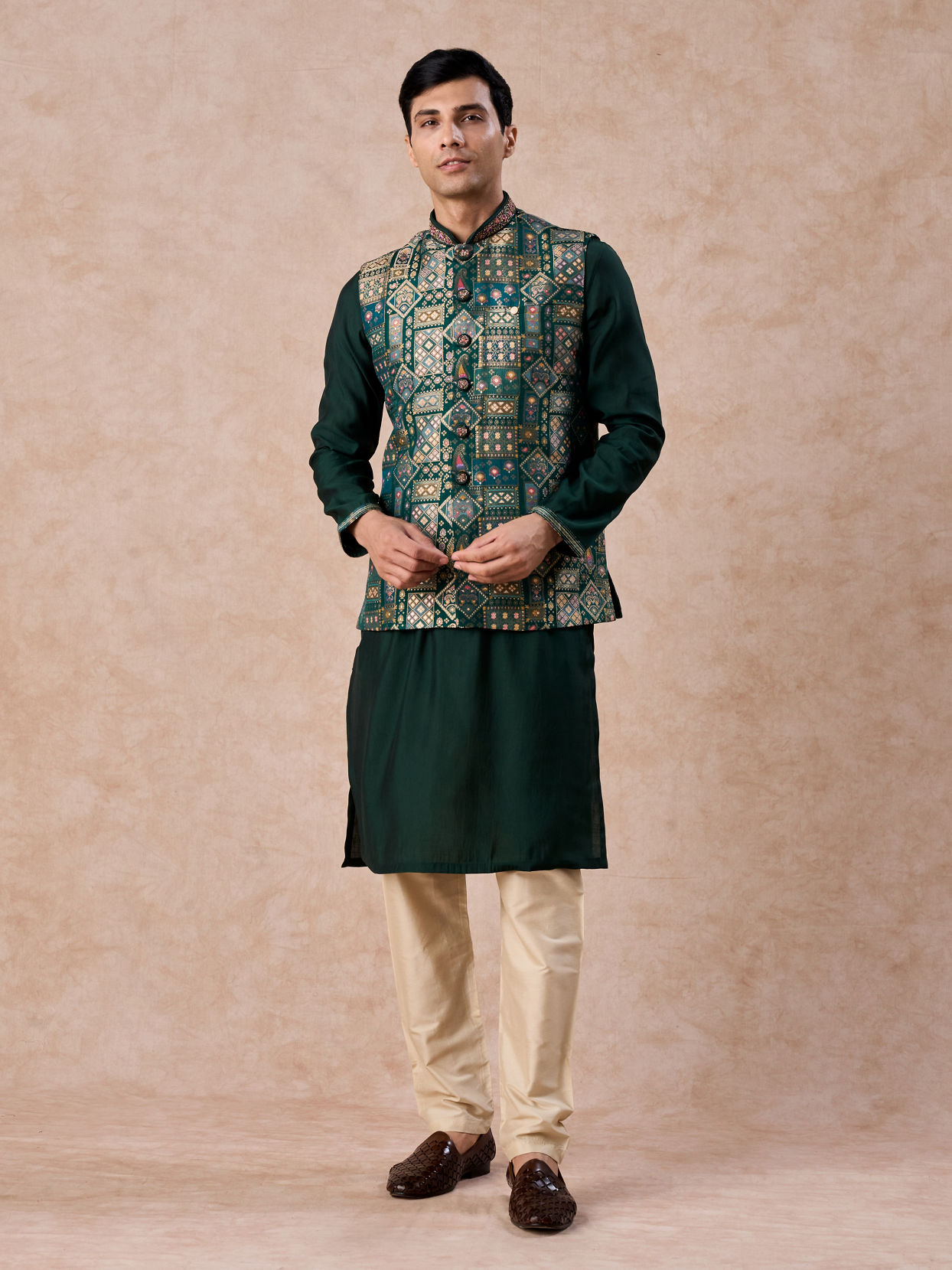 Manyavar Men Emerald Elegance Kurta Jacket Set