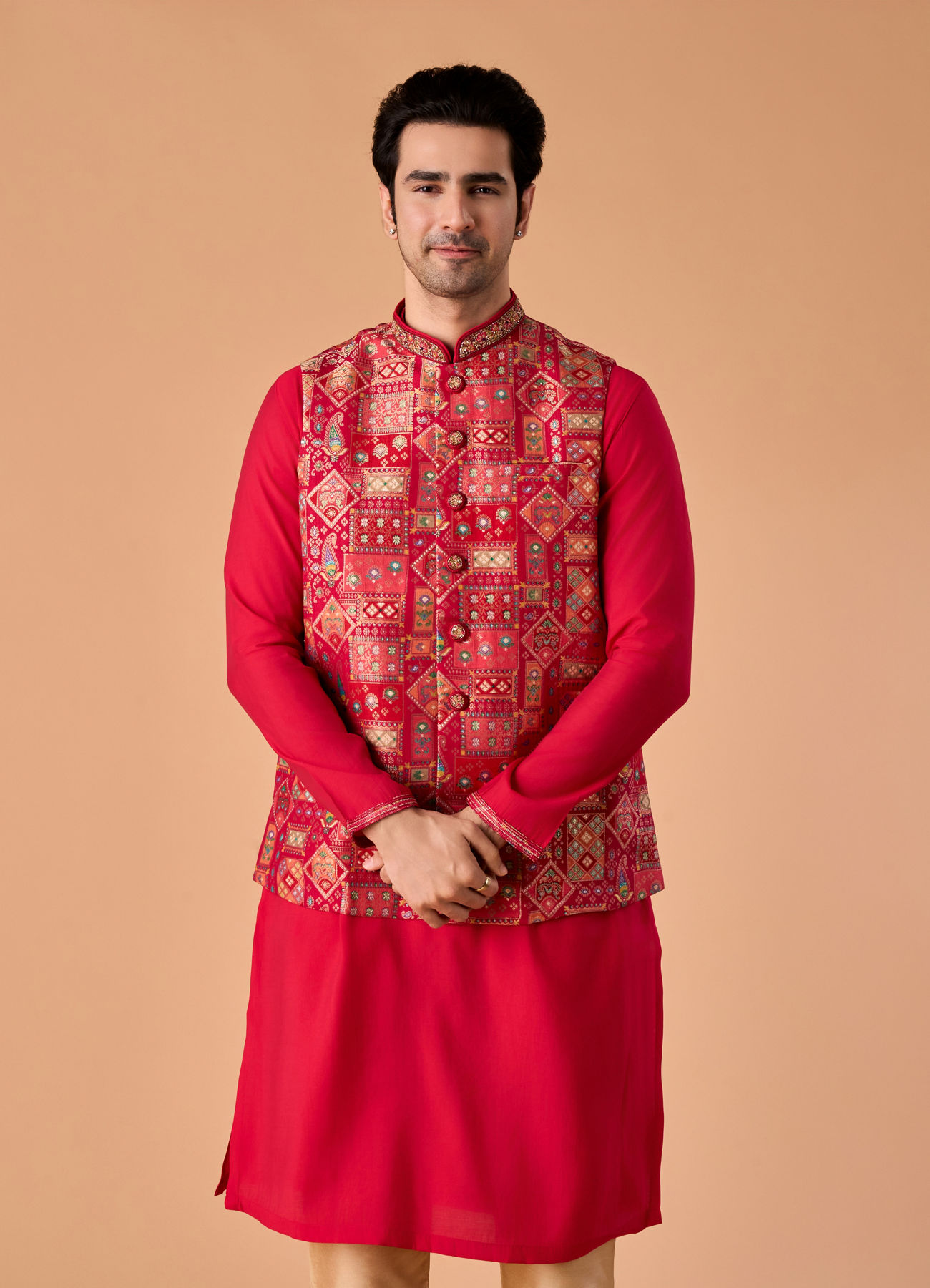 Manyavar Men Rani Pink Kurta Jacket Set