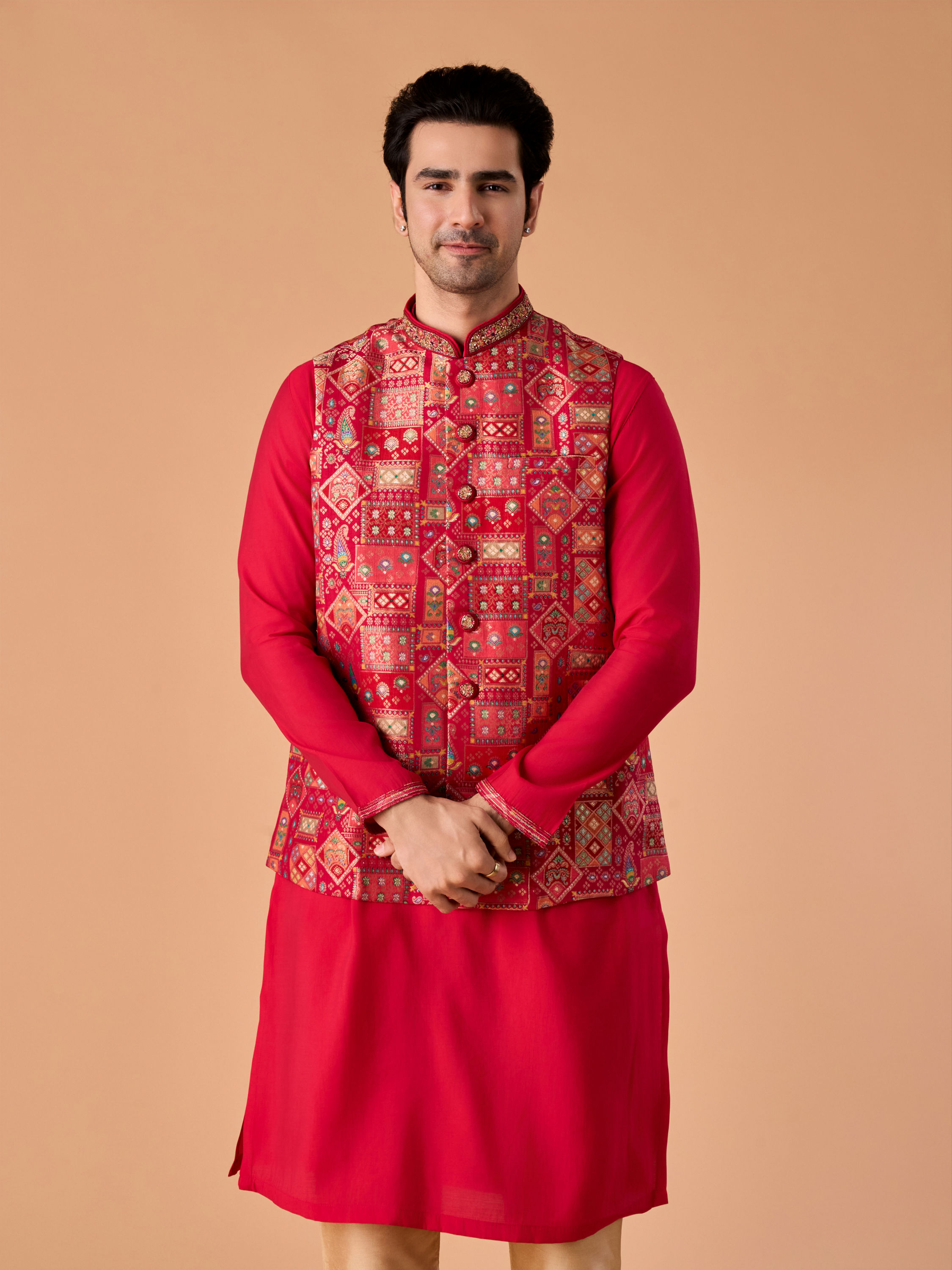 Manyavar Men Rani Pink Kurta Jacket Set