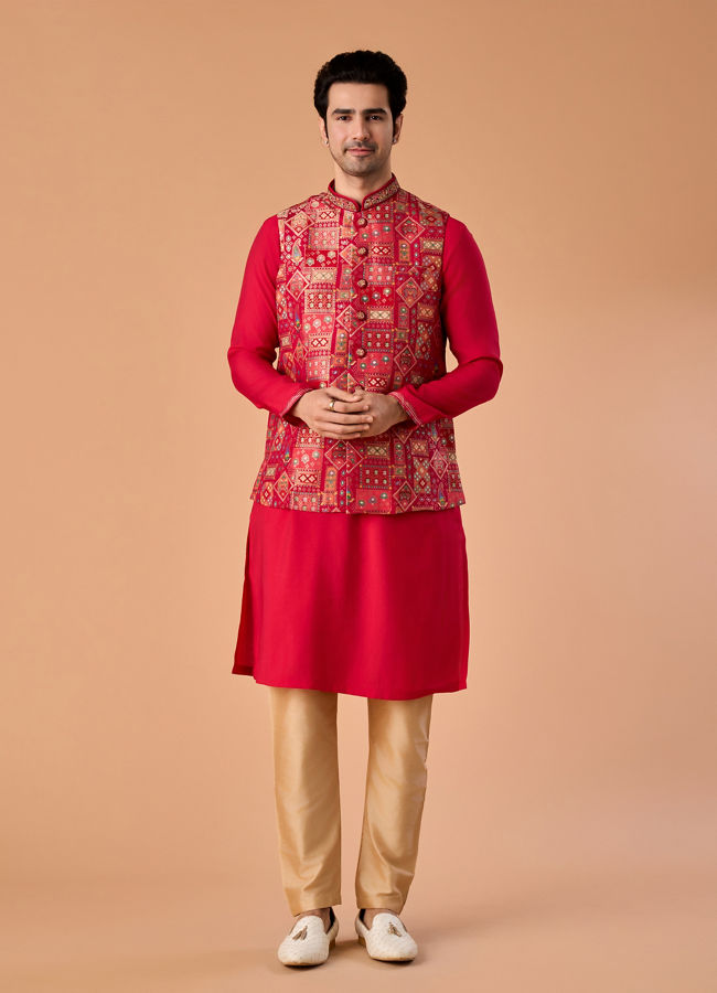 Manyavar Men Rani Pink Kurta Jacket Set