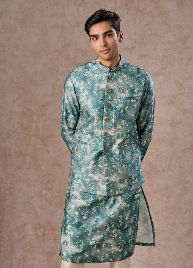 Manyavar Men Teal Green Radiance Kurta Jacket Set