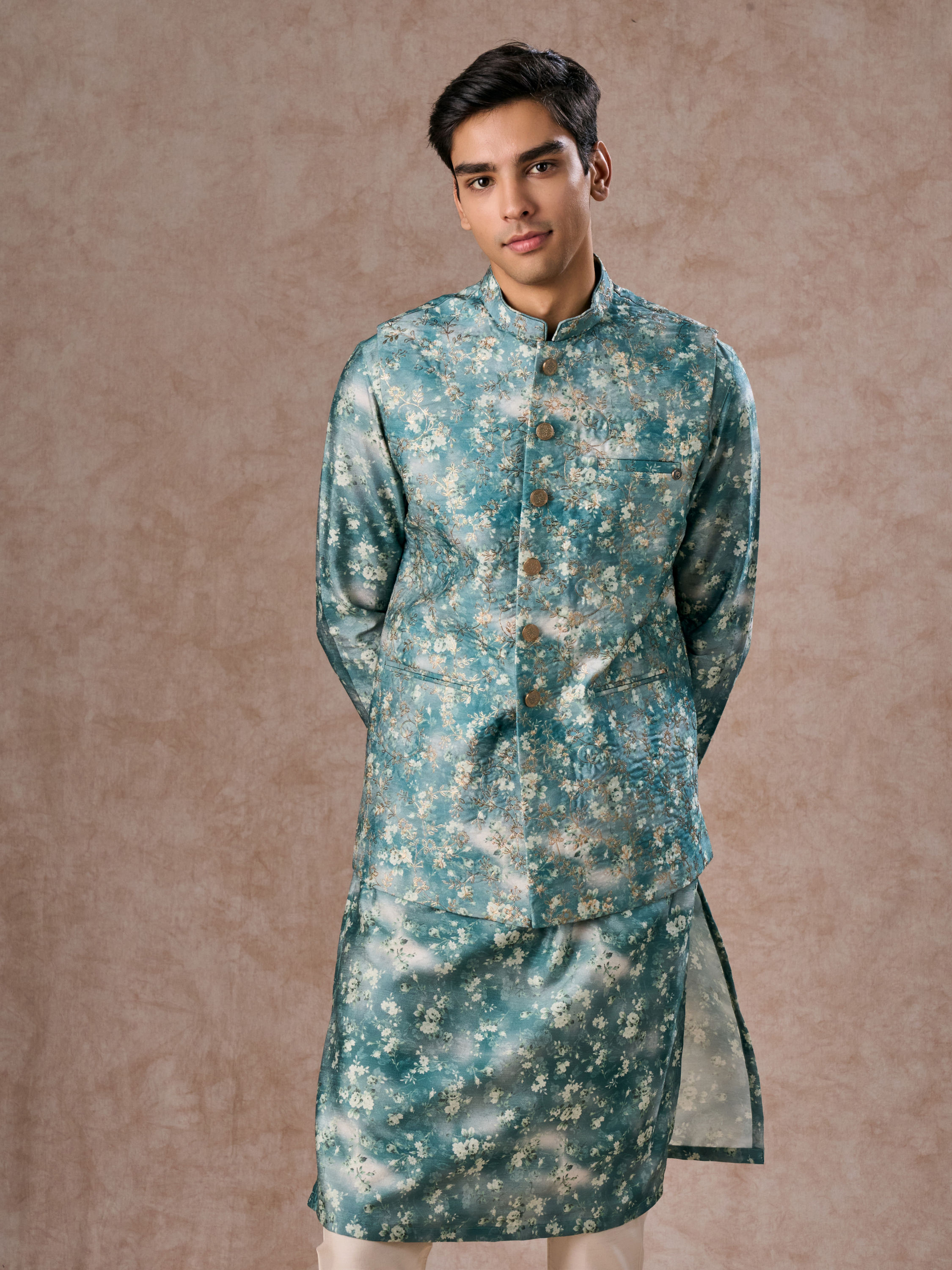 Manyavar Men Teal Green Radiance Kurta Jacket Set