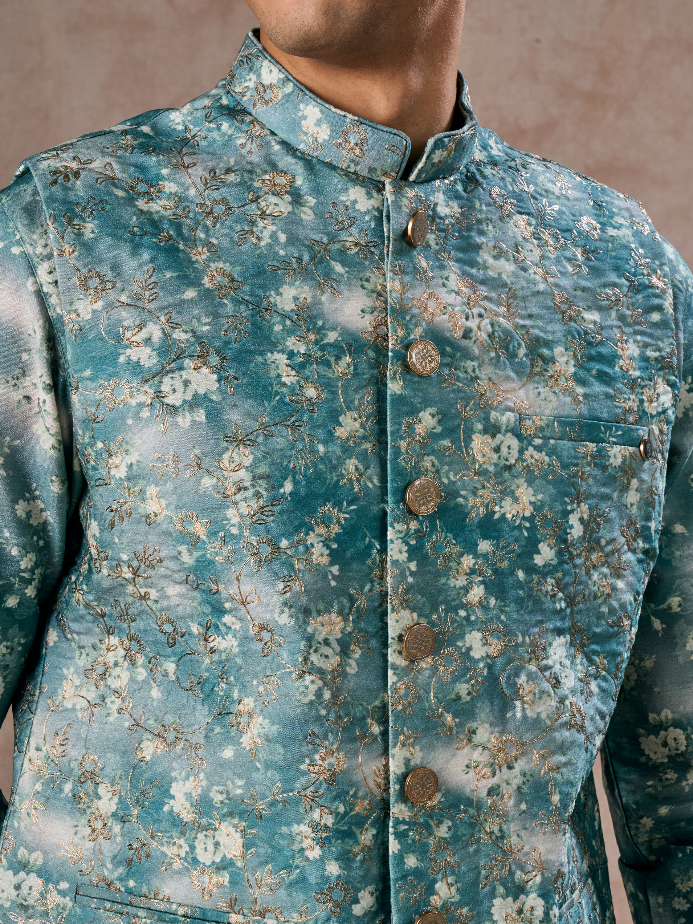 Manyavar Men Teal Green Radiance Kurta Jacket Set