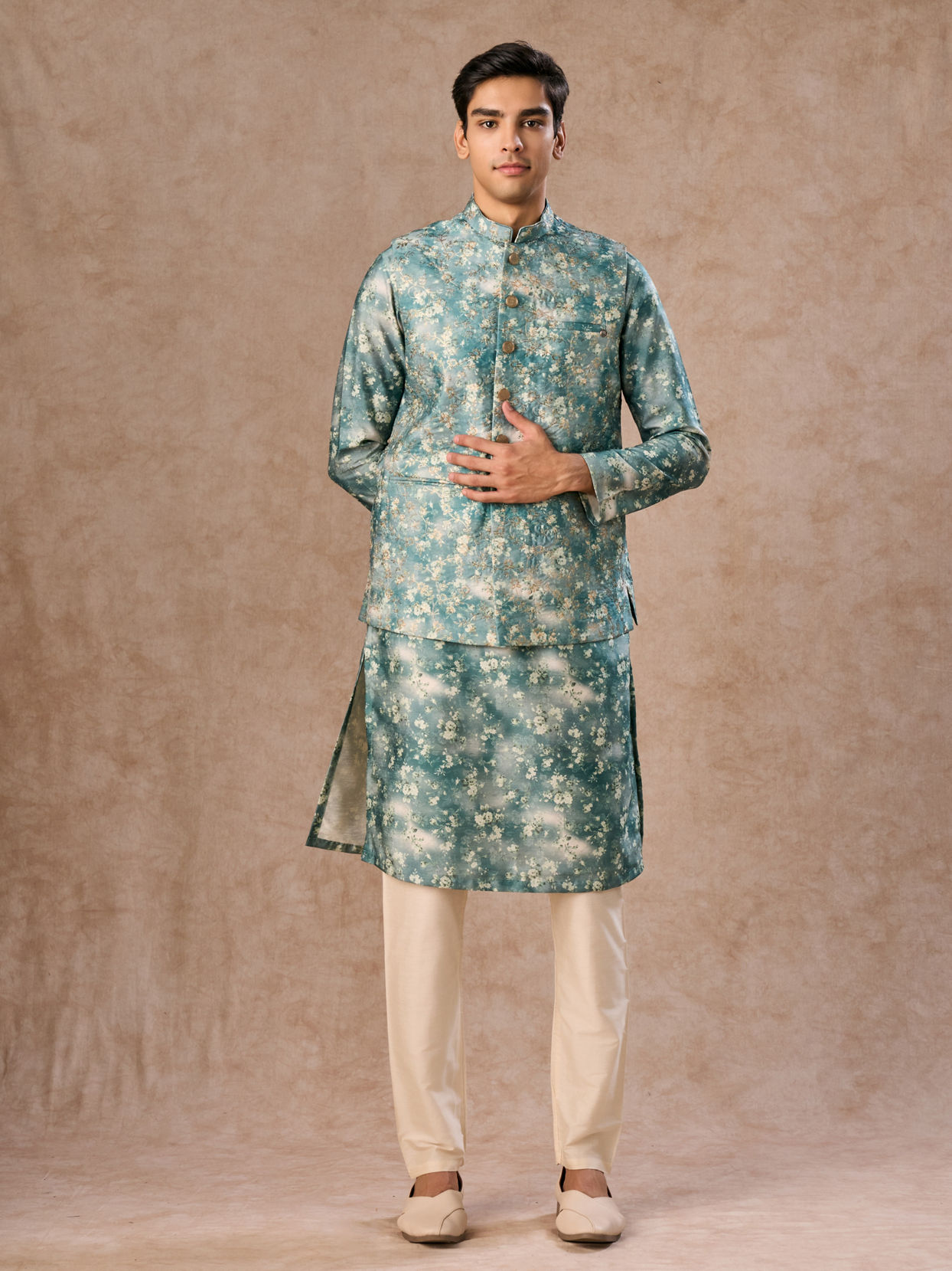 Manyavar Men Teal Green Radiance Kurta Jacket Set