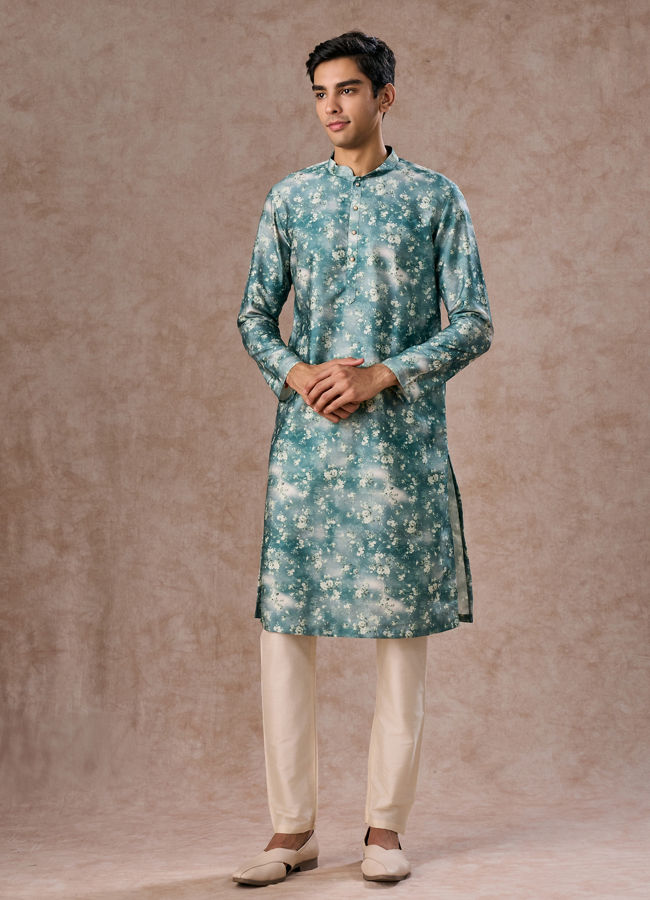Manyavar Men Teal Green Radiance Kurta Jacket Set
