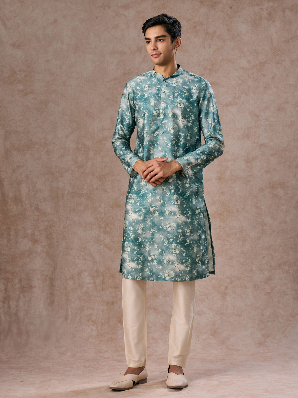 Manyavar Men Teal Green Radiance Kurta Jacket Set