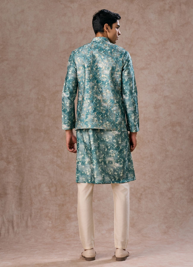 Manyavar Men Teal Green Radiance Kurta Jacket Set