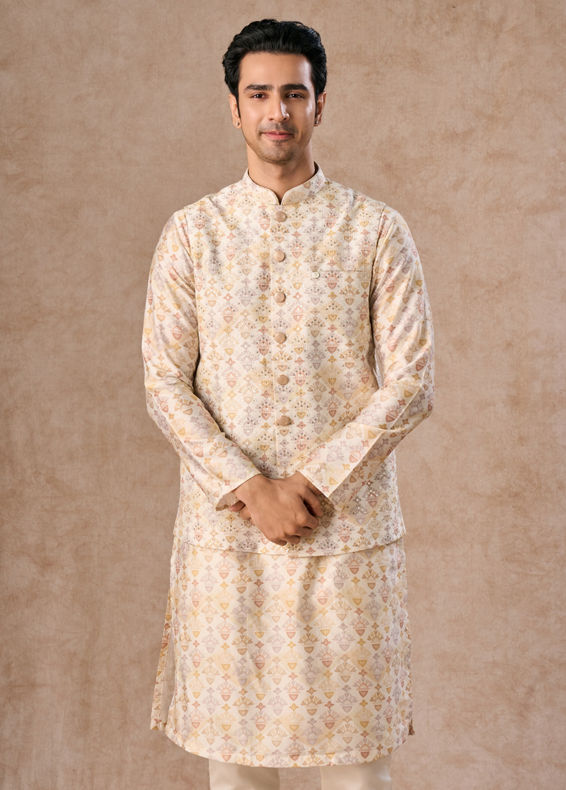 Manyavar Men Pista Green Wedding Kurta Jacket Set