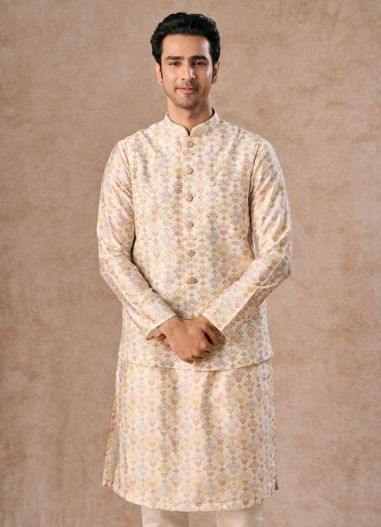 Manyavar Men Pista Green Wedding Kurta Jacket Set