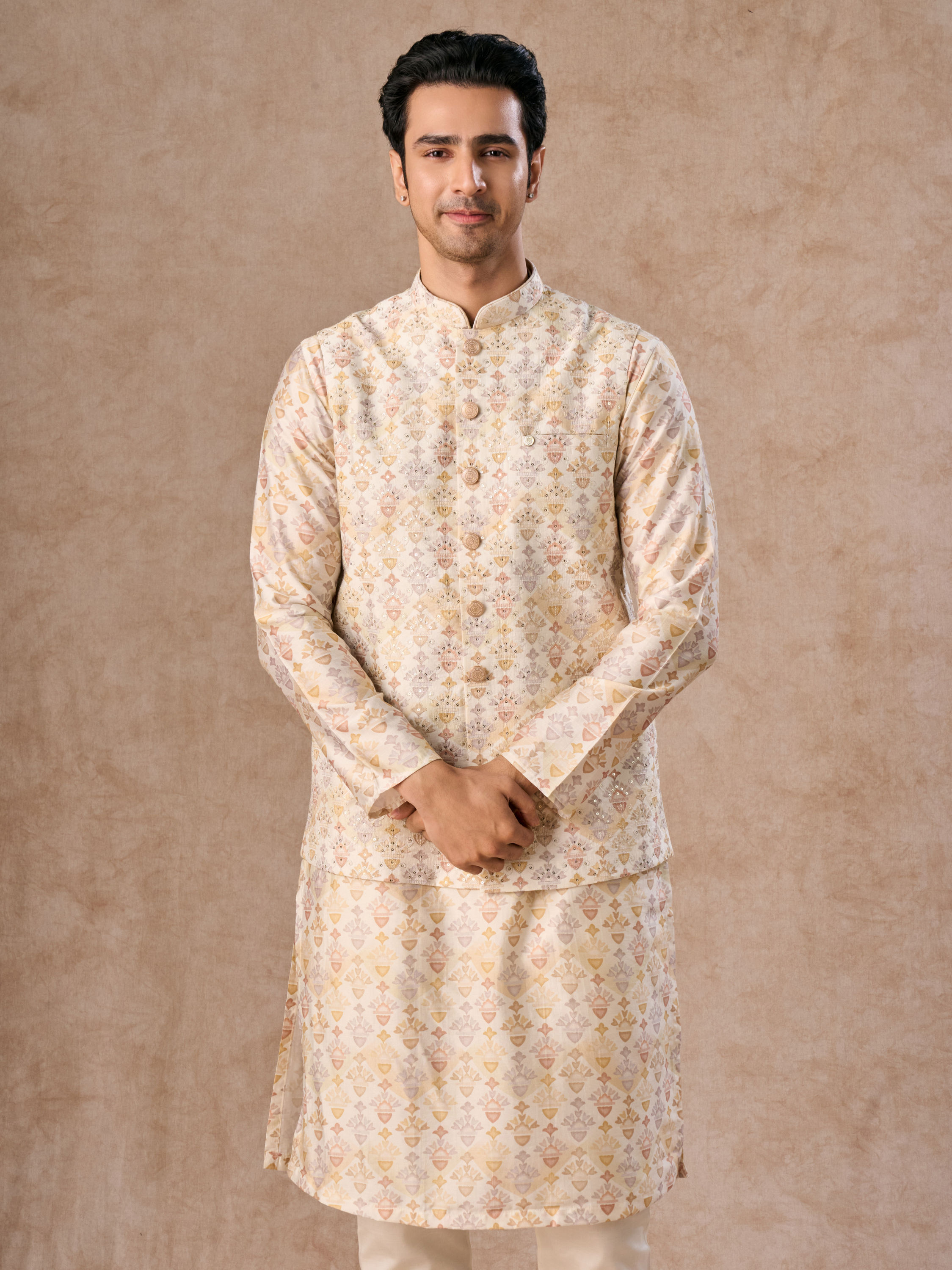 Manyavar Men Pista Green Wedding Kurta Jacket Set