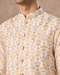 Manyavar Men Pista Green Wedding Kurta Jacket Set