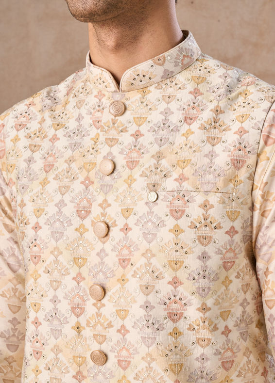 Manyavar Men Pista Green Wedding Kurta Jacket Set