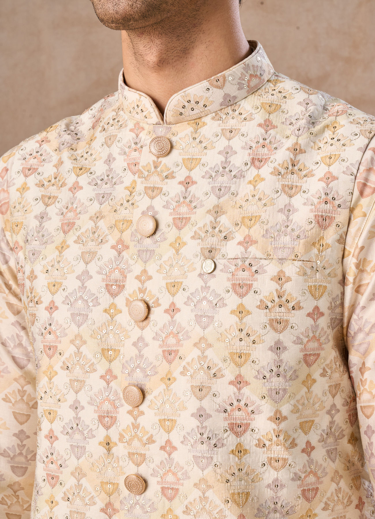 Manyavar Men Pista Green Wedding Kurta Jacket Set