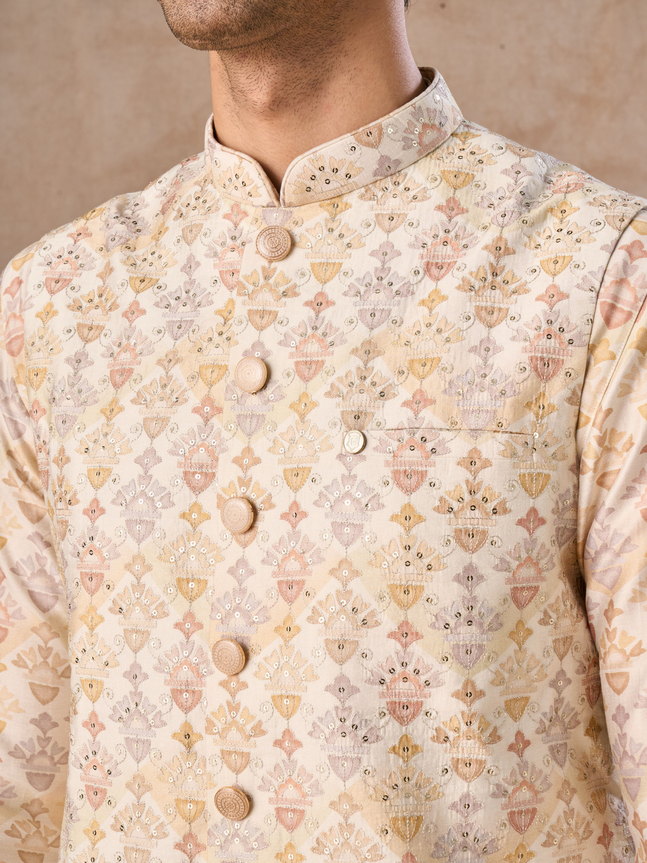 Manyavar Men Pista Green Wedding Kurta Jacket Set