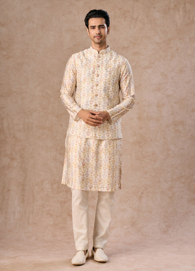 Manyavar Men Pista Green Wedding Kurta Jacket Set