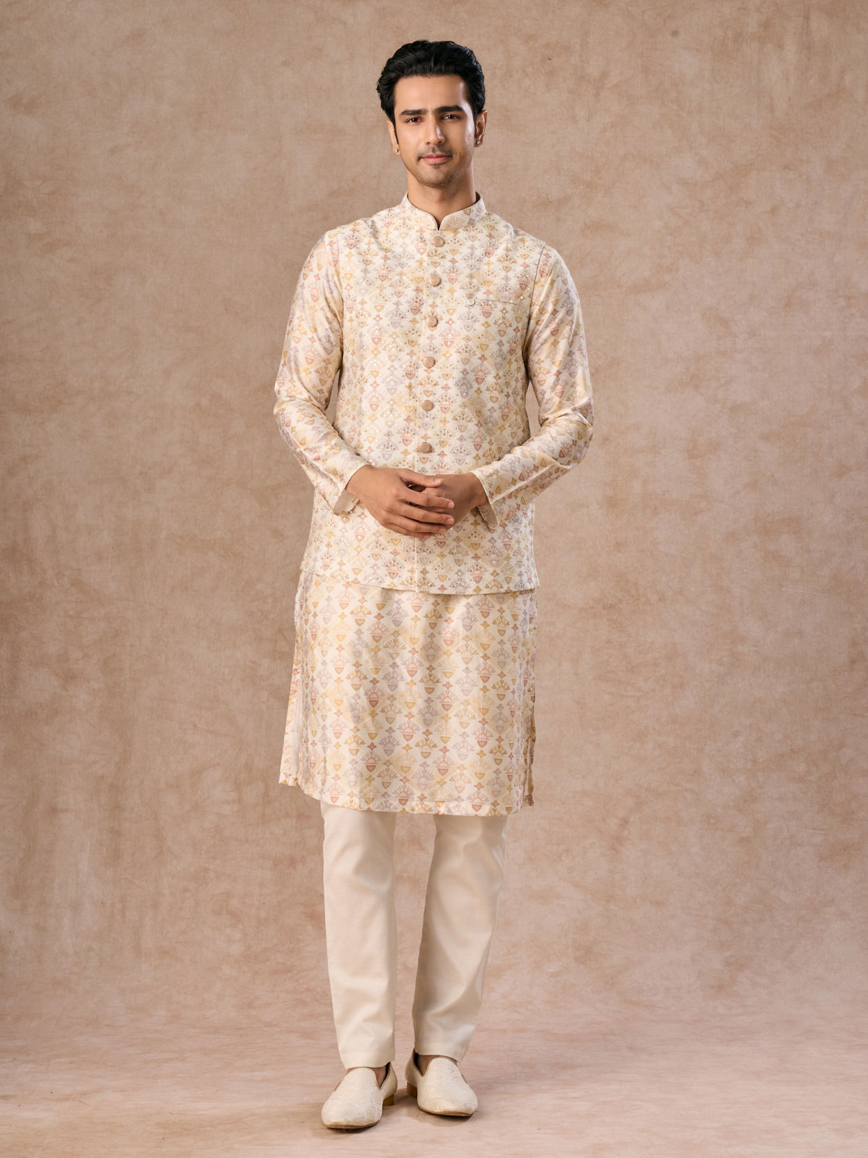 Manyavar Men Pista Green Wedding Kurta Jacket Set