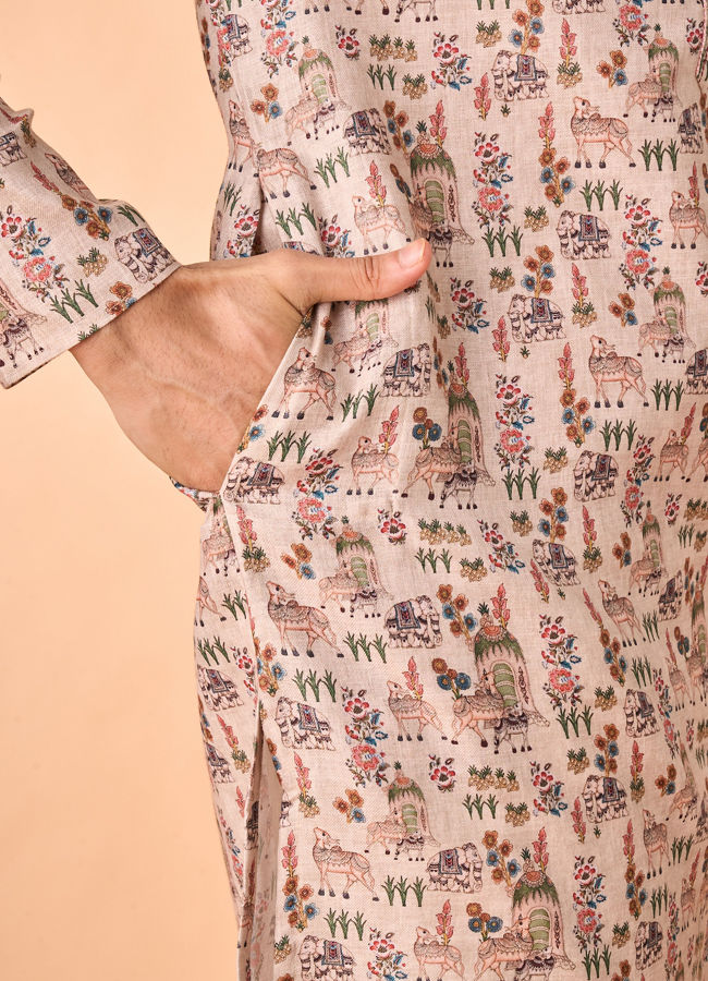 Manyavar Men Opulent Beige Kurta Jacket Set