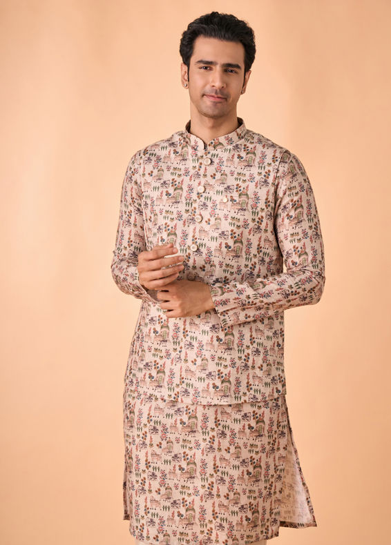 Manyavar Men Opulent Beige Kurta Jacket Set