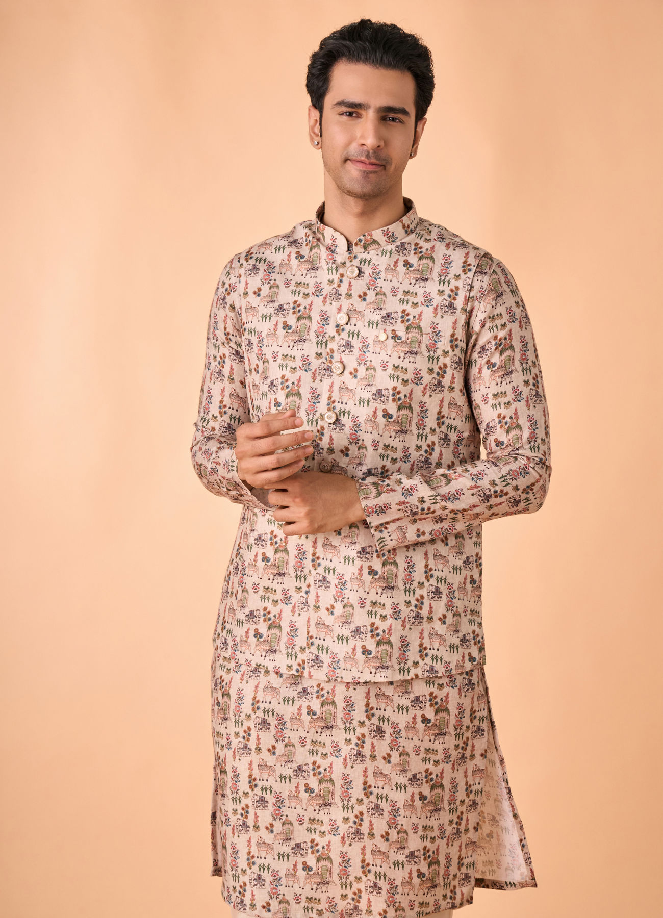 Manyavar Men Opulent Beige Kurta Jacket Set