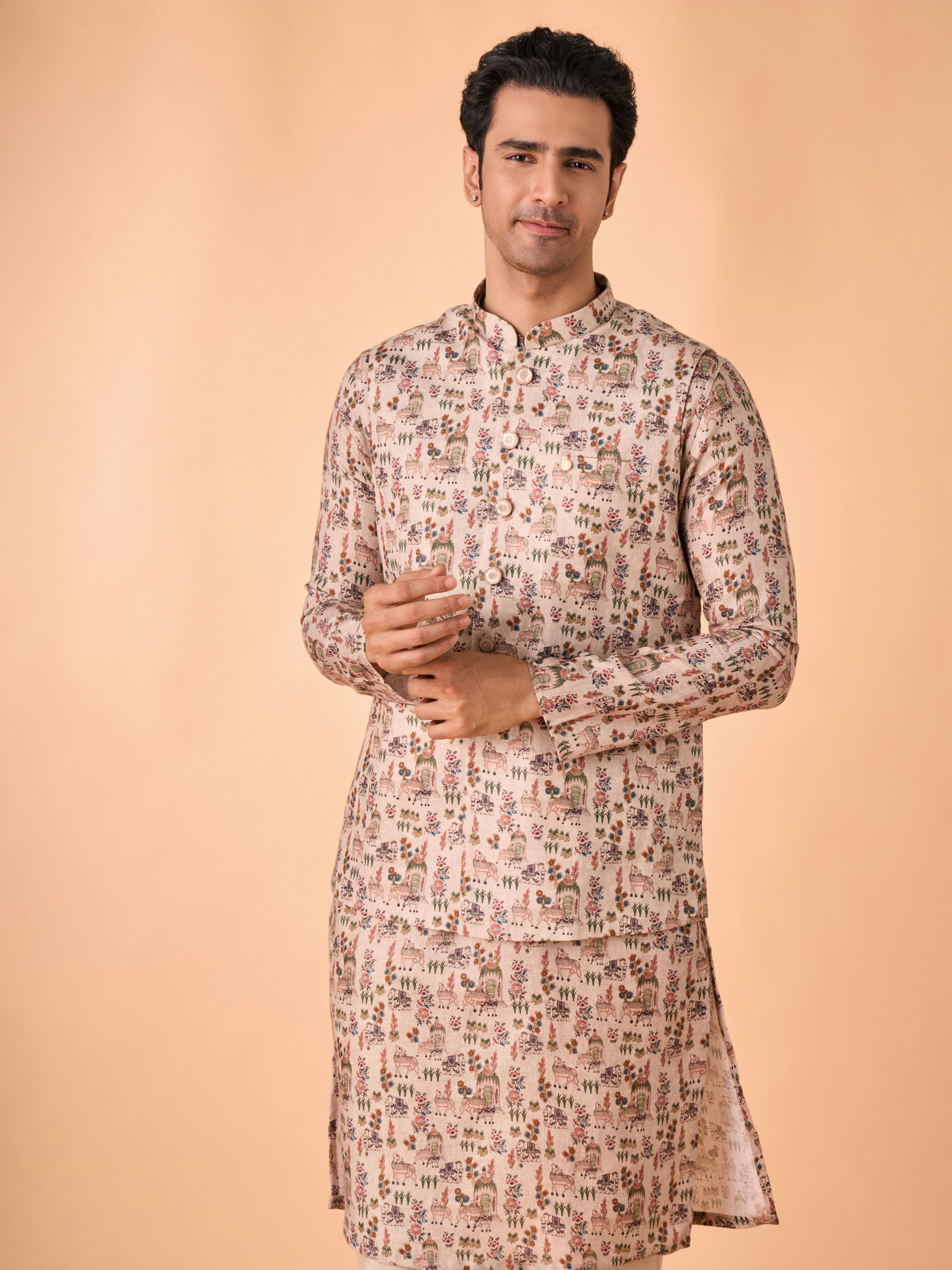 Manyavar Men Opulent Beige Kurta Jacket Set