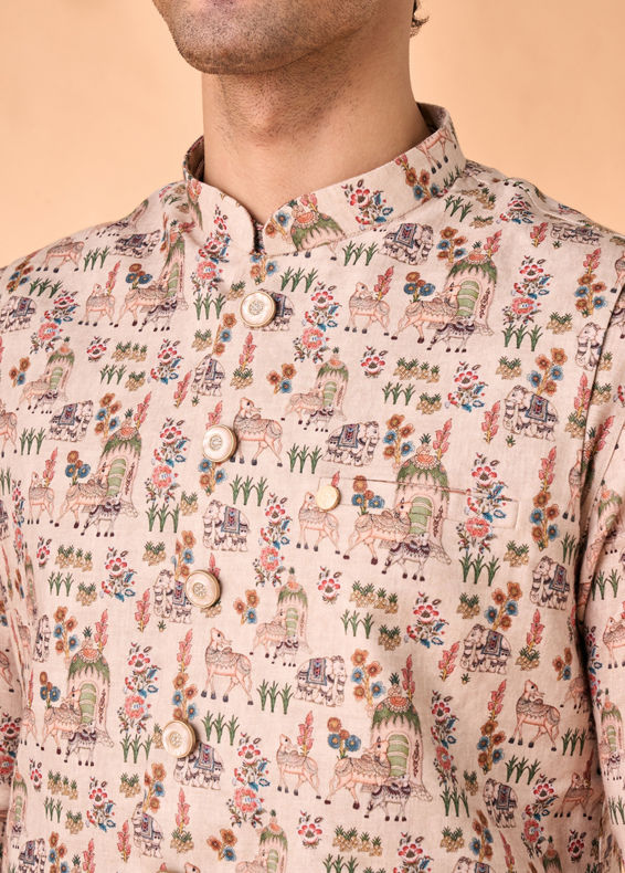 Manyavar Men Opulent Beige Kurta Jacket Set