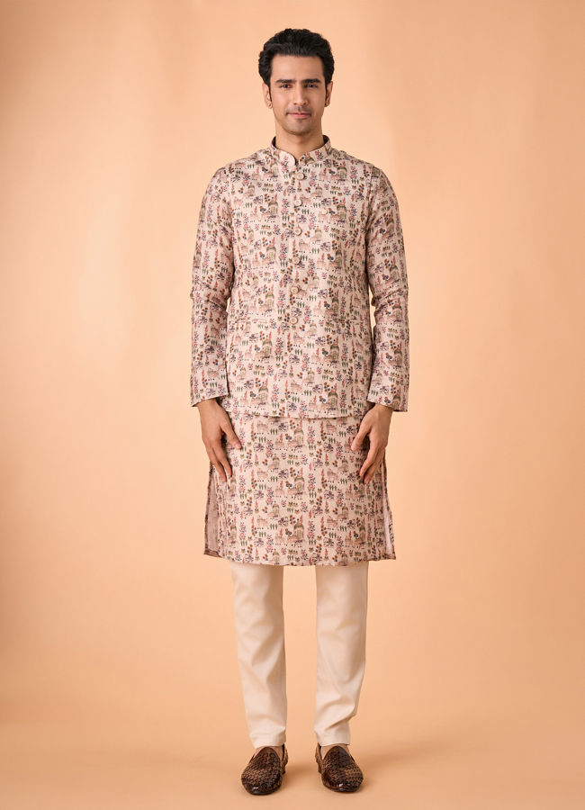 Manyavar Men Opulent Beige Kurta Jacket Set