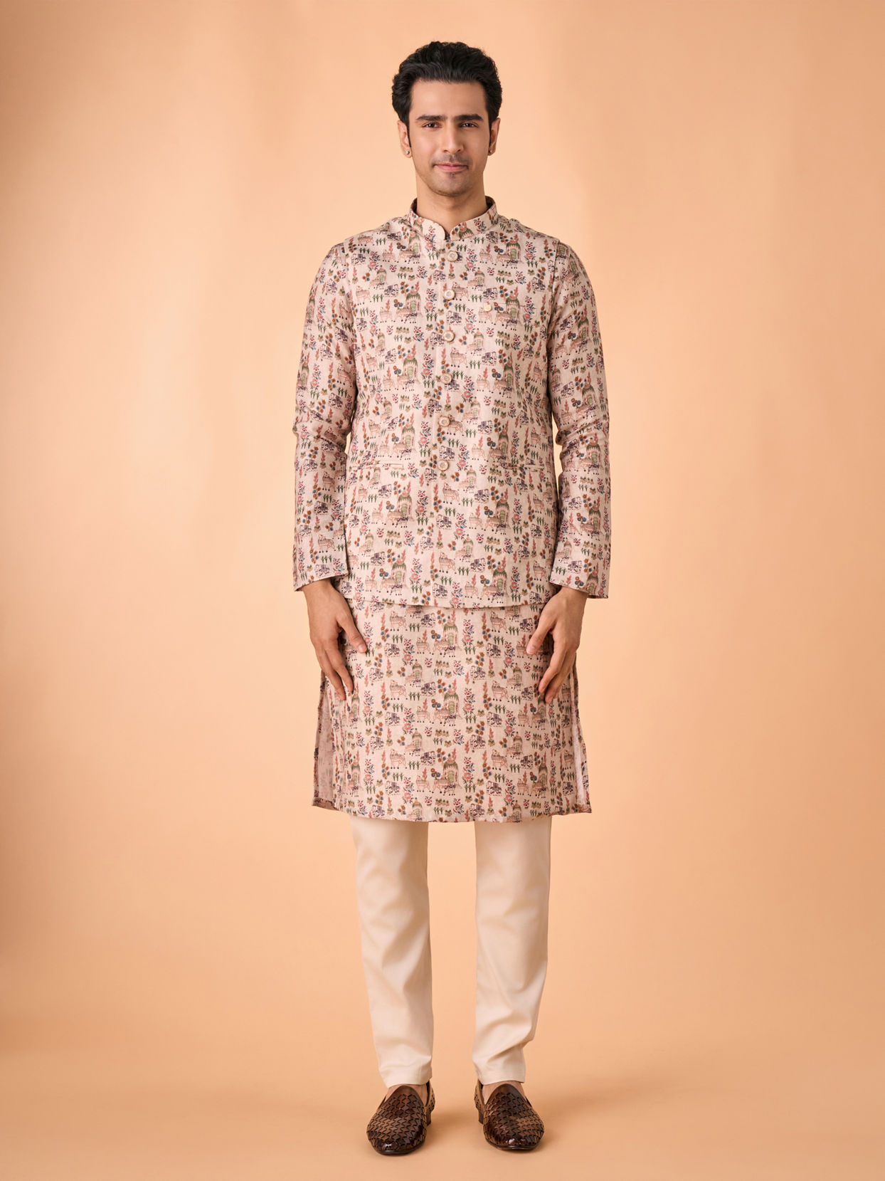 Manyavar Men Opulent Beige Kurta Jacket Set