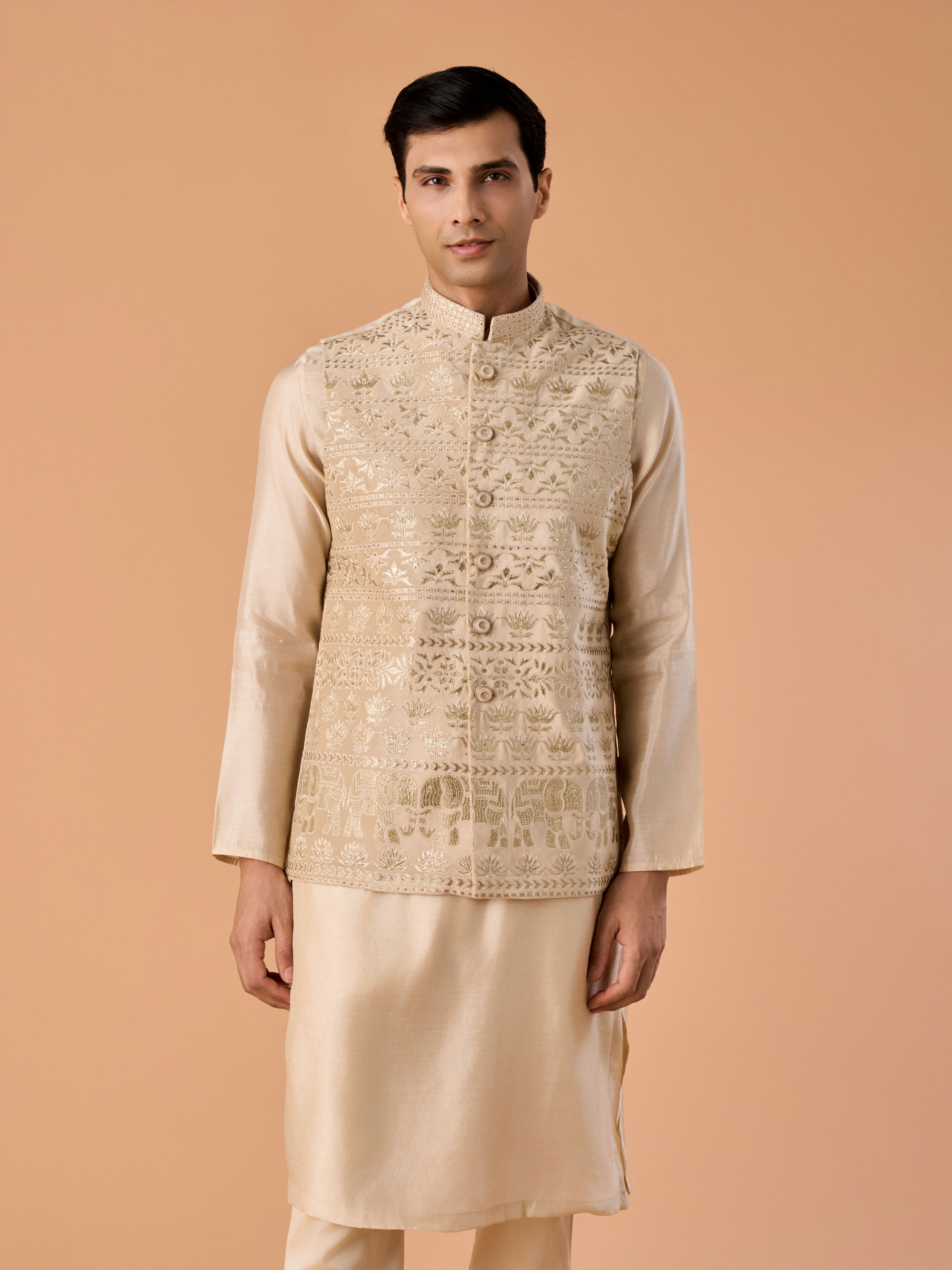 Manyavar Men Beige Glorious Kurta Jacket Set