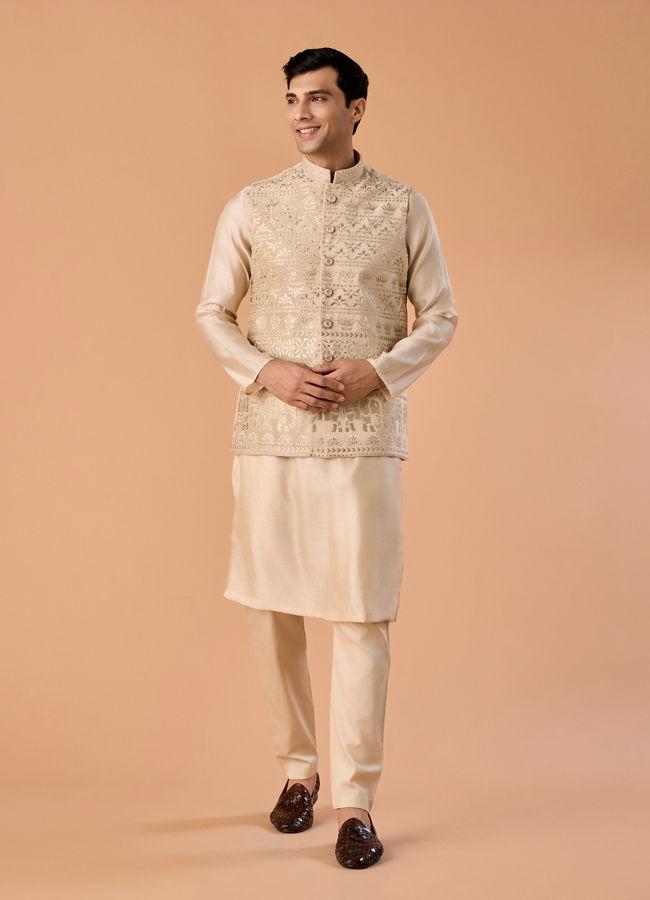 Manyavar Men Beige Glorious Kurta Jacket Set