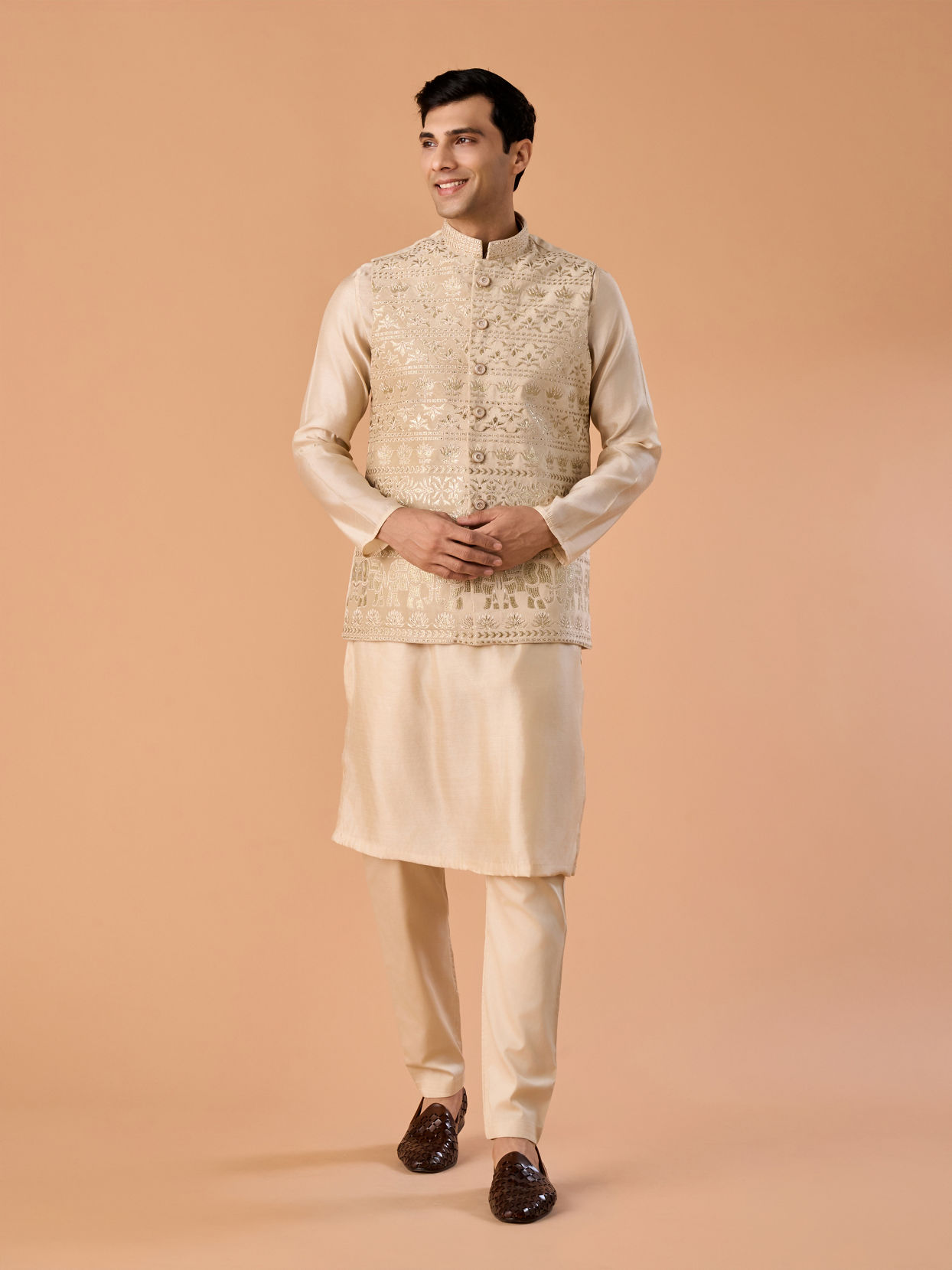 Manyavar Men Beige Glorious Kurta Jacket Set