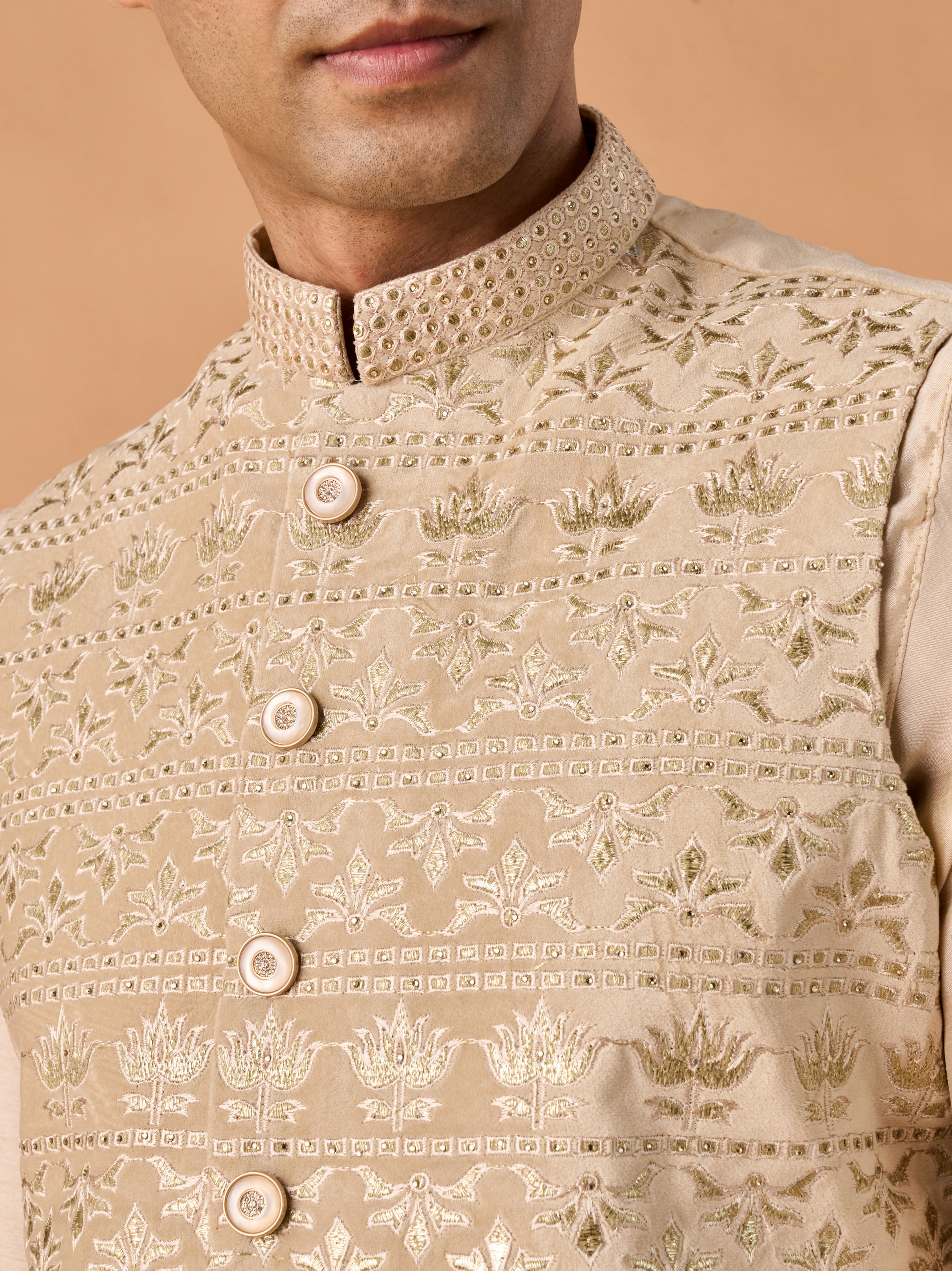 Manyavar Men Beige Glorious Kurta Jacket Set