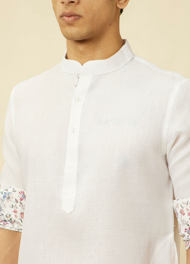 Manyavar Men Bright White Floral Patterned Jacket Set