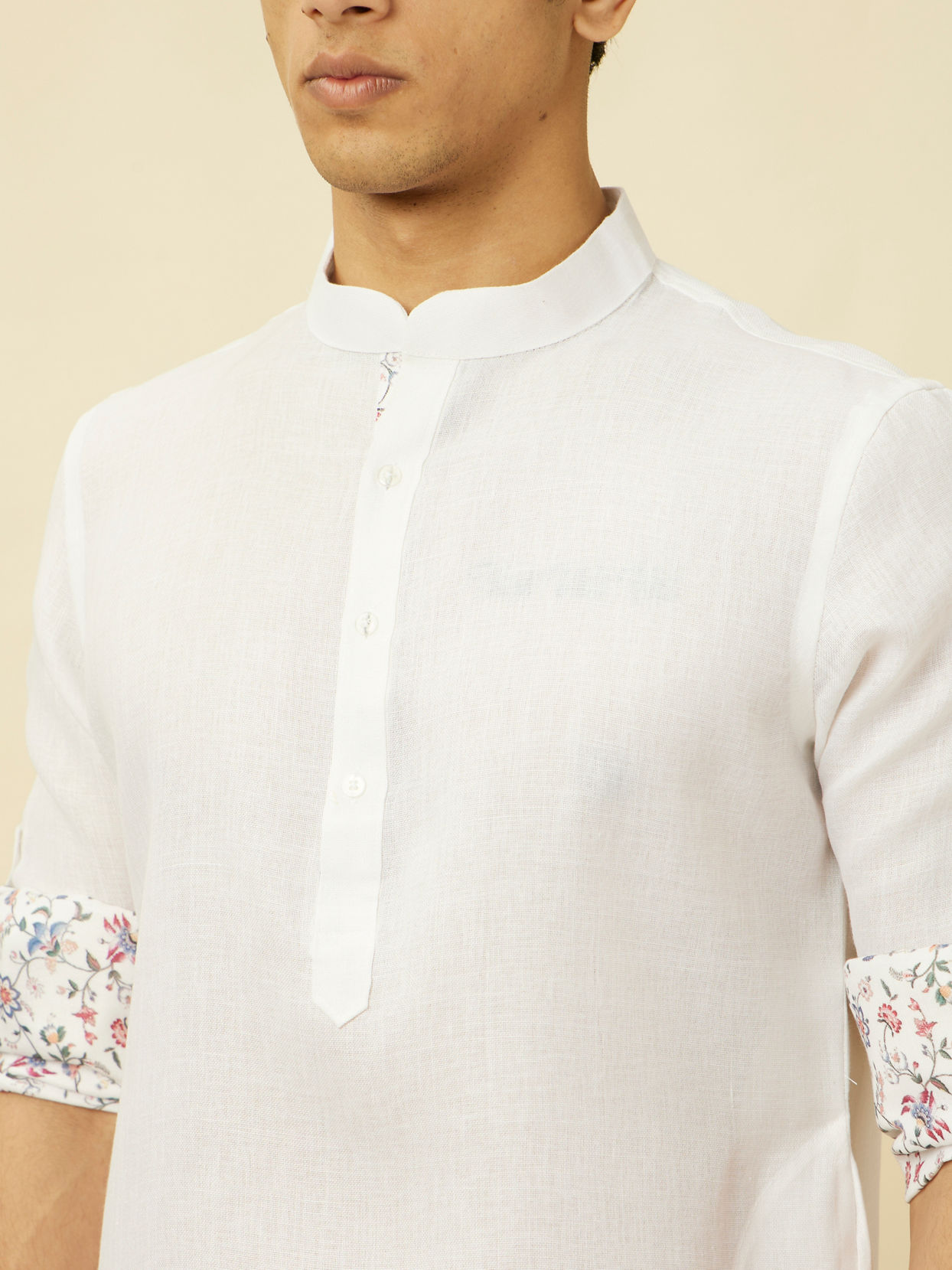 Manyavar Men Bright White Floral Patterned Jacket Set