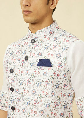 Manyavar Men Bright White Floral Patterned Jacket Set