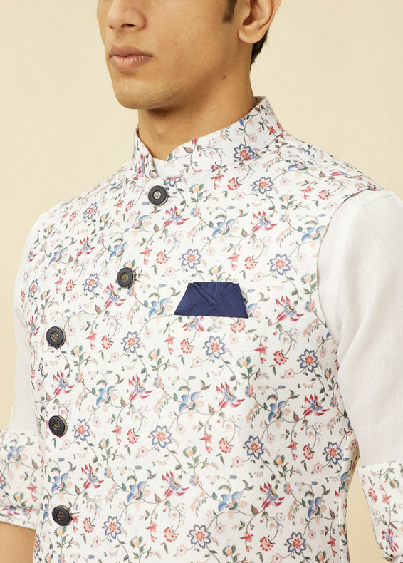 Manyavar Men Bright White Floral Patterned Jacket Set