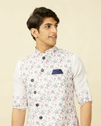 Manyavar Men Bright White Floral Patterned Jacket Set