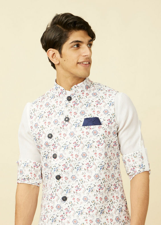 Manyavar Men Bright White Floral Patterned Jacket Set