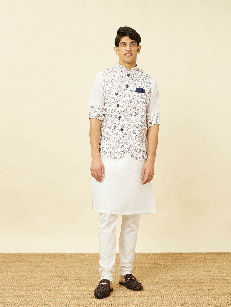 Manyavar Men Bright White Floral Patterned Jacket Set