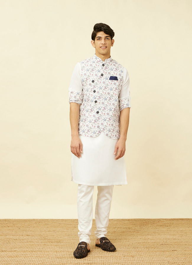 Manyavar Men Bright White Floral Patterned Jacket Set