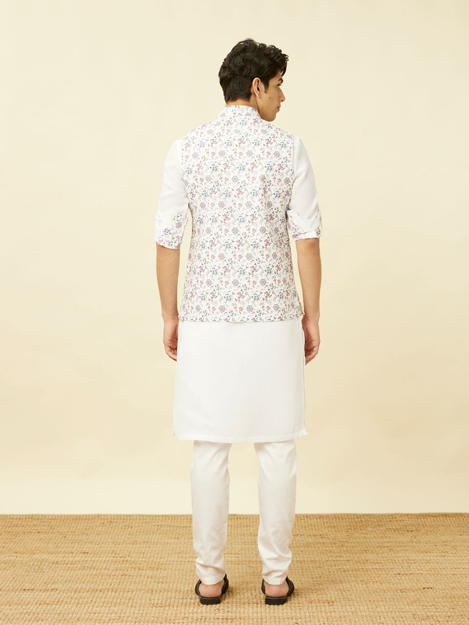 Manyavar Men Bright White Floral Patterned Jacket Set