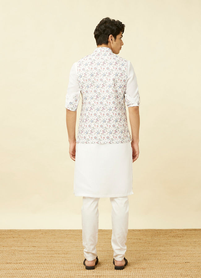 Manyavar Men Bright White Floral Patterned Jacket Set