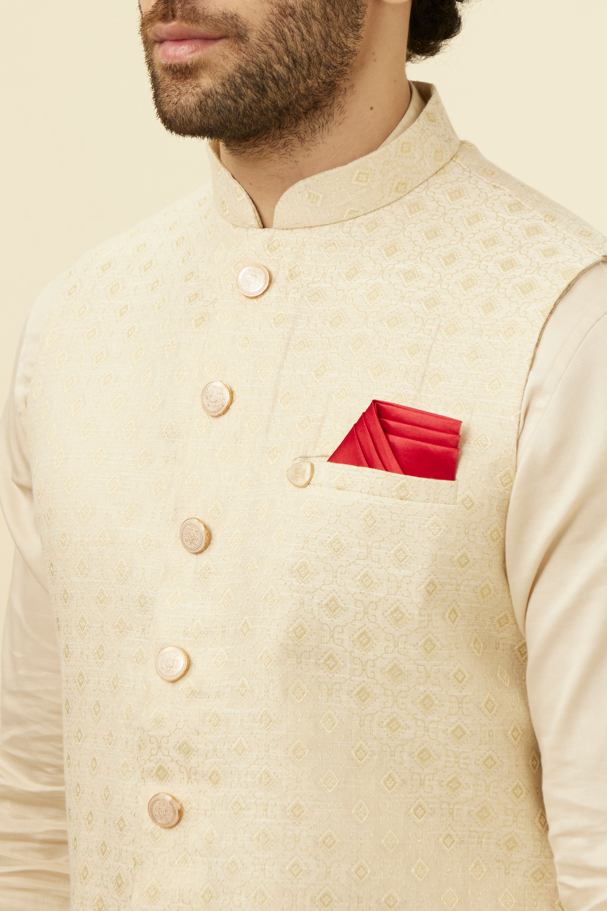 Manyavar Men Off White Jacket With Minimal Motifs