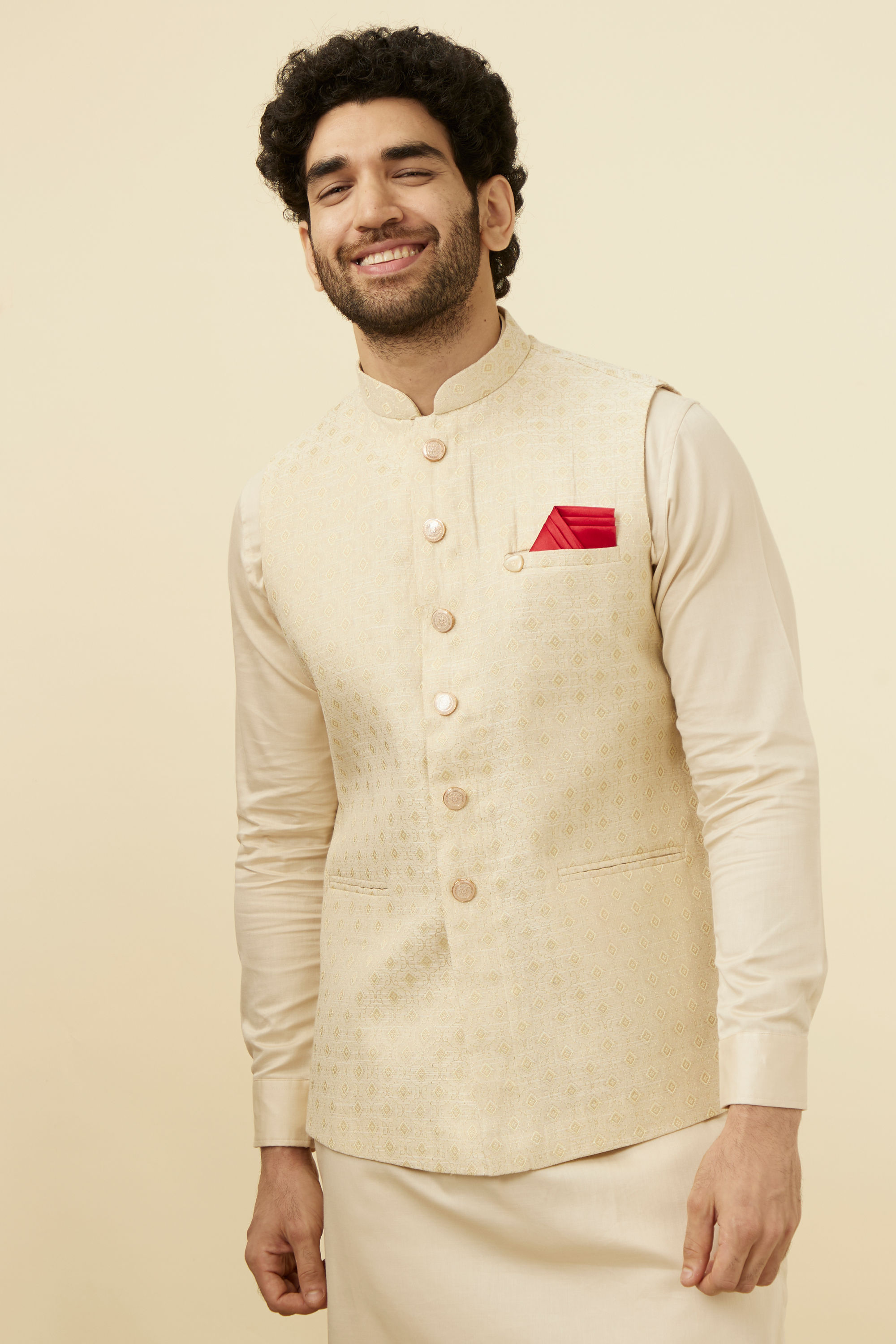 Manyavar Men Off White Jacket With Minimal Motifs