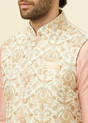 alt message - Manyavar Men Cream Jacket With Multicolor Motifs image number 1