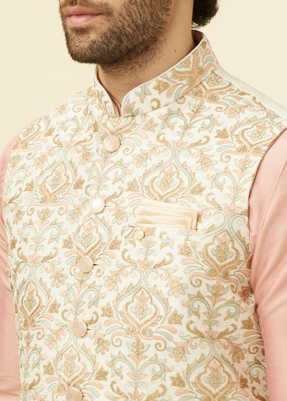 Manyavar Men Cream Jacket With Multicolor Motifs