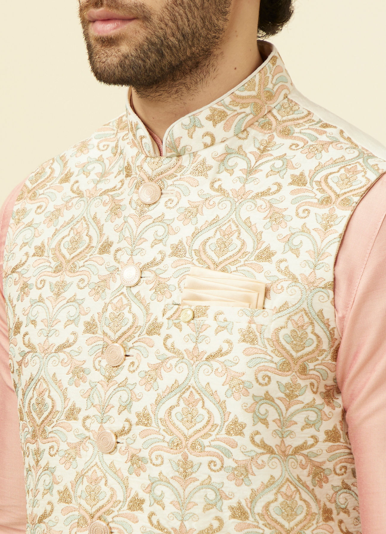 Manyavar Men Cream Jacket With Multicolor Motifs