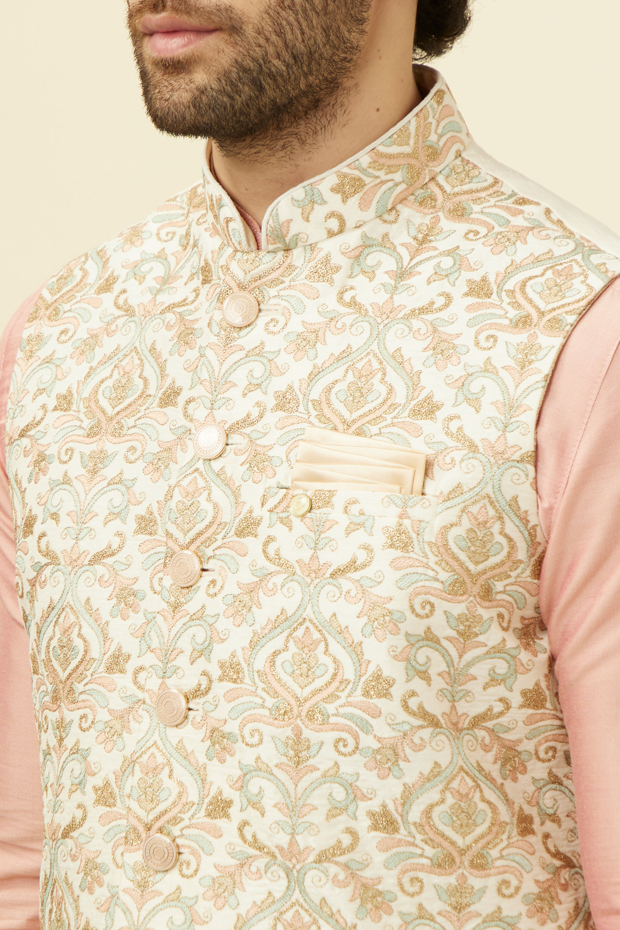 Manyavar Men Cream Jacket With Multicolor Motifs