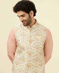 Manyavar Men Cream Jacket With Multicolor Motifs