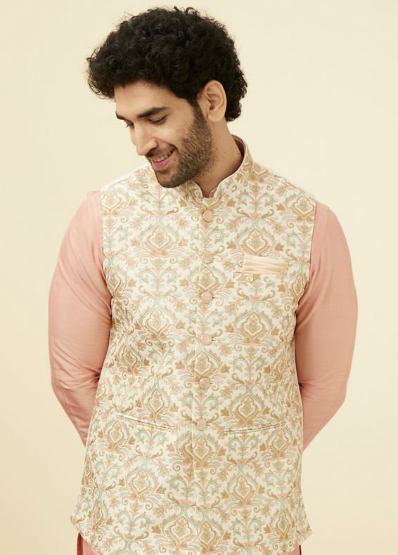 alt message - Manyavar Men Cream Jacket With Multicolor Motifs